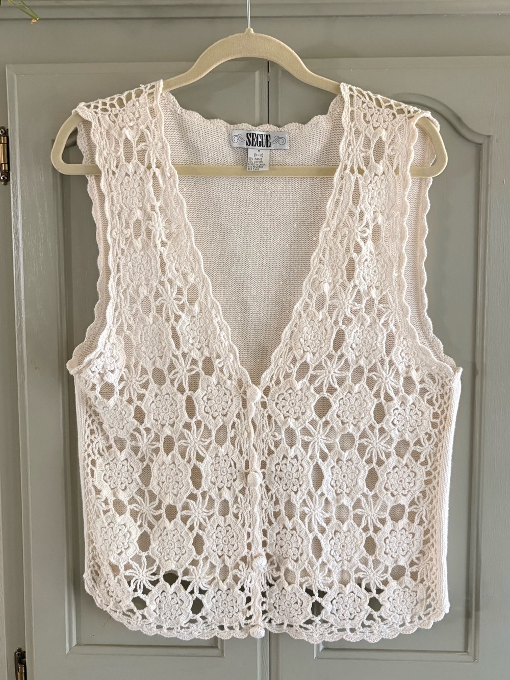 Vintage 90s SEGUE Cream Floral Crochet‎ Knit Button Up Sweater Vest Size  M